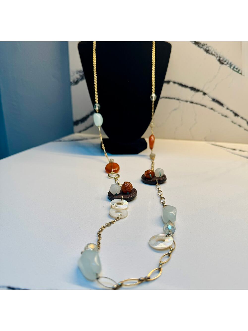 Gwen Signed Mixed Media Boho Statement Necklace Faux Shell & Resin Beads